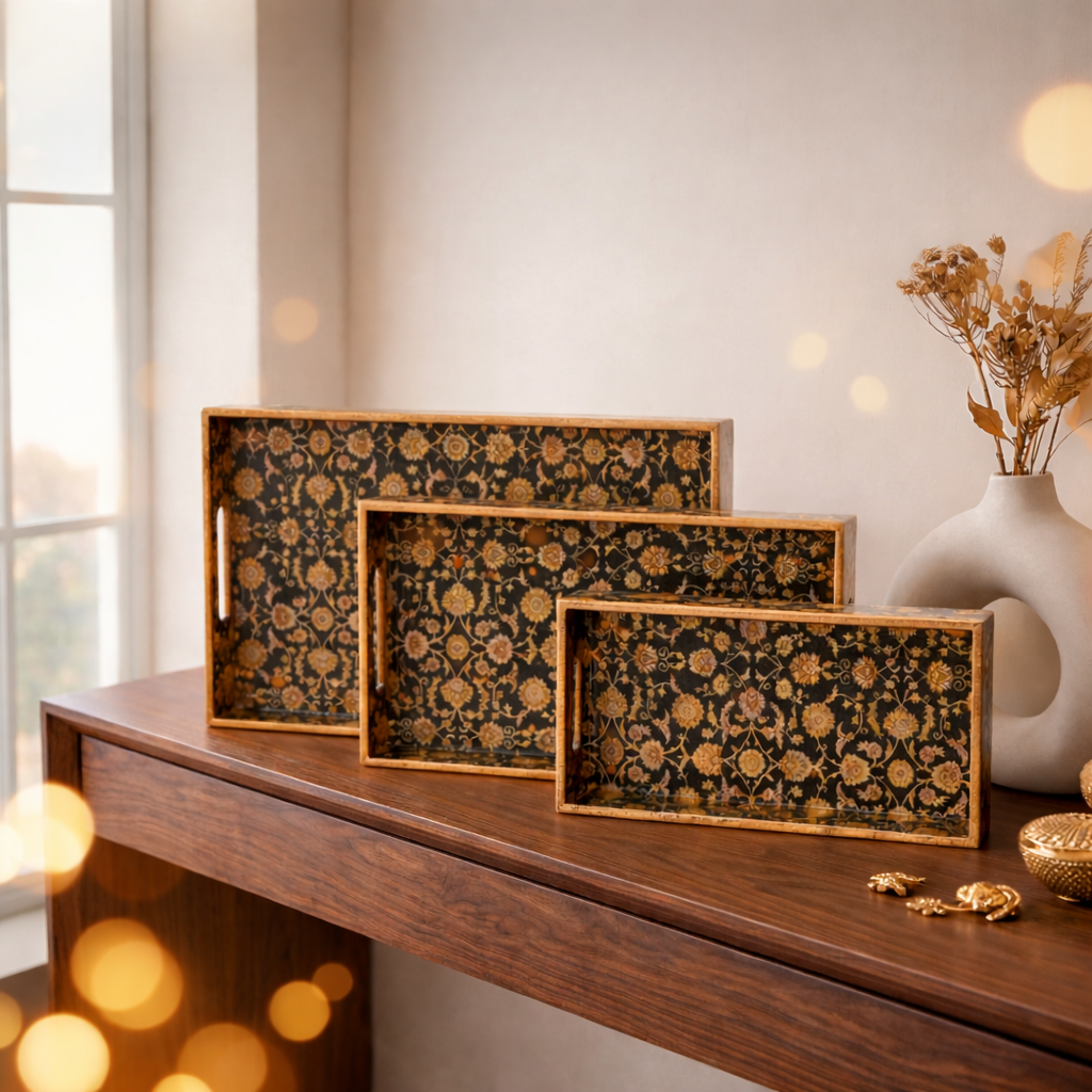 Black Design Set of 3 Rectangular Wooden Serving Trays (16", 14", 12") | Premium Mango Wood Tray Set for Kitchen, Dining, Tea/Coffee, Breakfast & Home Décor | Handcrafted Decorative Wooden Trays for Gift & Serving