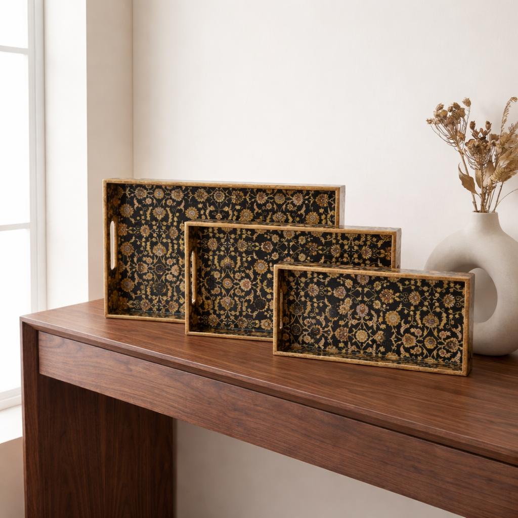 Black Design Set of 3 Rectangular Wooden Serving Trays (16", 14", 12") | Premium Mango Wood Tray Set for Kitchen, Dining, Tea/Coffee, Breakfast & Home Décor | Handcrafted Decorative Wooden Trays for Gift & Serving