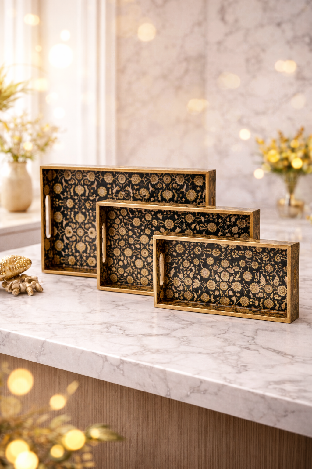 Black Design Set of 3 Rectangular Wooden Serving Trays (16", 14", 12") | Premium Mango Wood Tray Set for Kitchen, Dining, Tea/Coffee, Breakfast & Home Décor | Handcrafted Decorative Wooden Trays for Gift & Serving