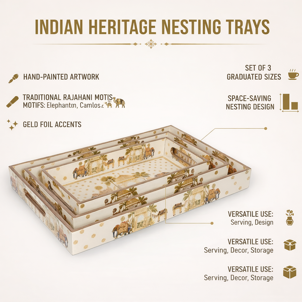 Set of 3 Wooden Elephant Serving Trays with Gold Engraving