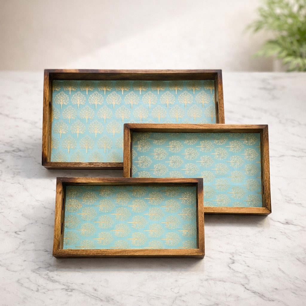 Wooden Serving Tray with Gold Engraving | Rectangle Trays Set of 3 | Serving Trays | Wooden Tray | Enamel Coated Waterproof |Size : 16 x 10 inch, 14 x 8 inch & 12 x 6 inch