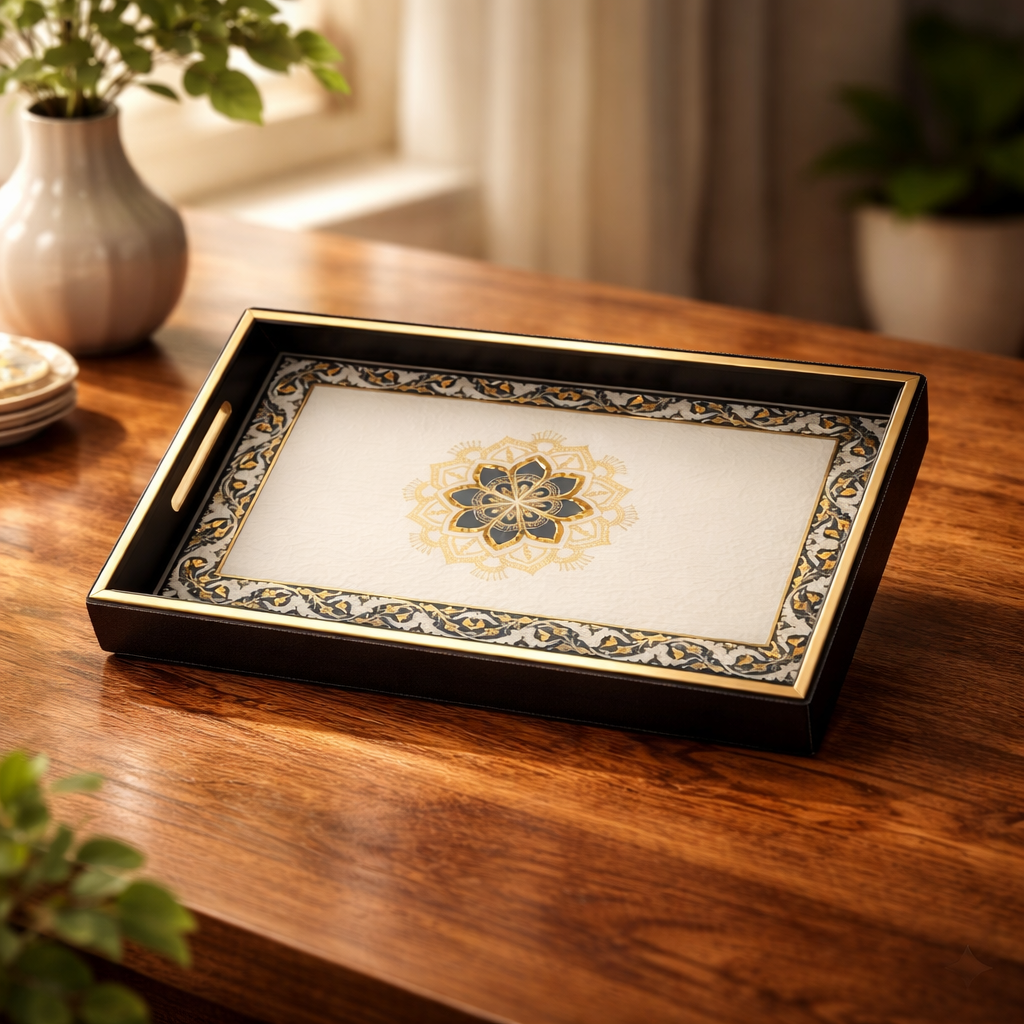 Large Wooden Serving Tray with Leather Finish | Big Size Rectangular Tray for Serving Tea, Coffee & Breakfast | 16 x 14 Inch Premium Snack Tray(White+Black)