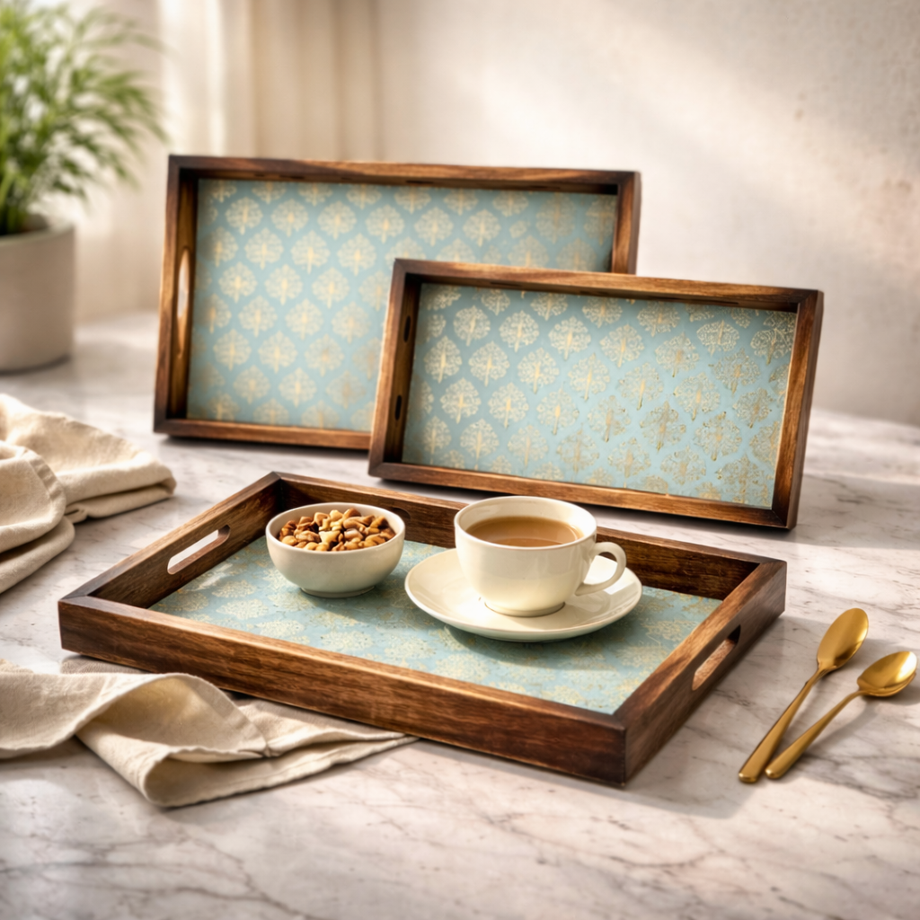 Wooden Serving Tray with Gold Engraving | Rectangle Trays Set of 3 | Serving Trays | Wooden Tray | Enamel Coated Waterproof |Size : 16 x 10 inch, 14 x 8 inch & 12 x 6 inch