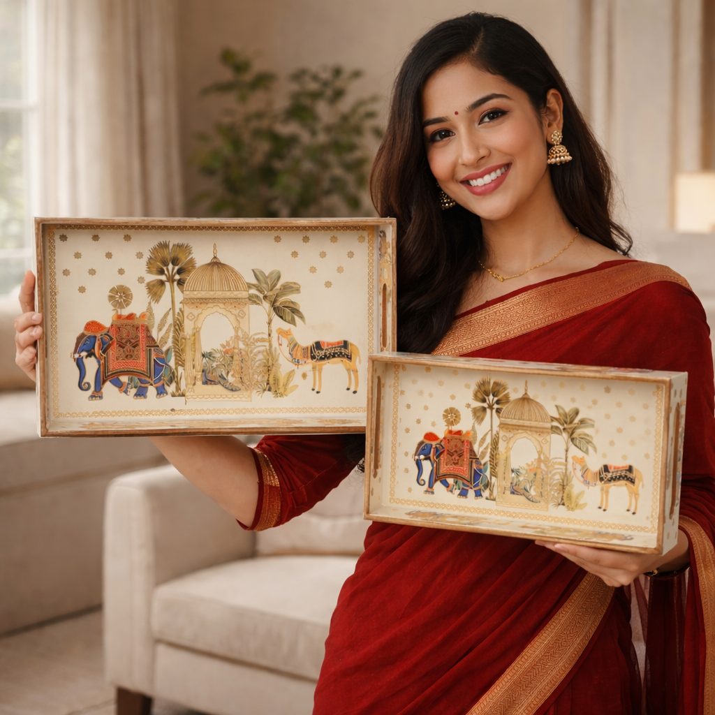 Set of 3 Wooden Elephant Serving Trays with Gold Engraving