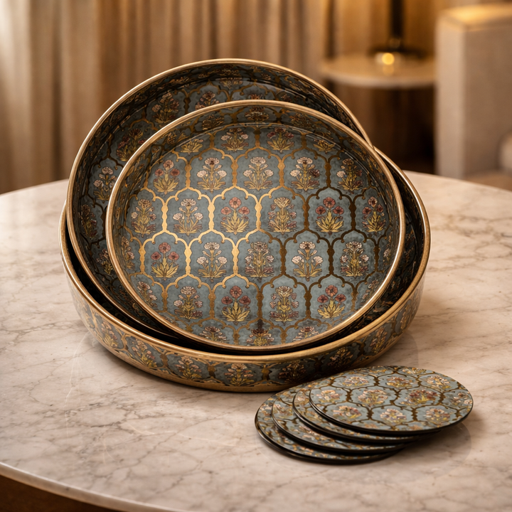 Set of 3 Round Wooden Serving Trays with Matching Coasters | Multipurpose Tea Coffee Snacks Serving Trays for Kitchen Dining Table Home Decor | Large 12 Medium 10 Small 8 Inch Green