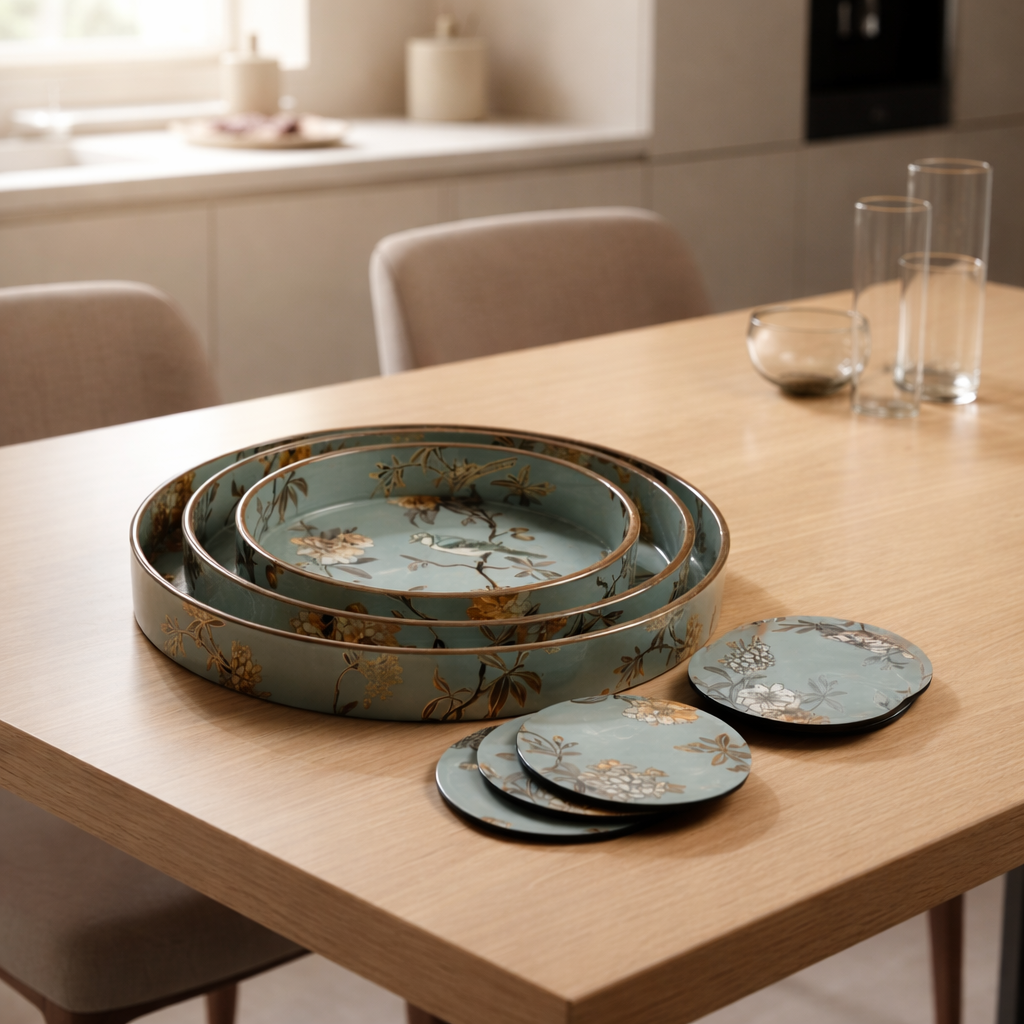 Set of 3 Wooden Serving Trays with Matching Coasters Round Multipurpose Trays for Kitchen Dining Table Top Tea Coffee Snacks Home Decor Large 12" Medium 10" Small 8" Inch (Light Green)