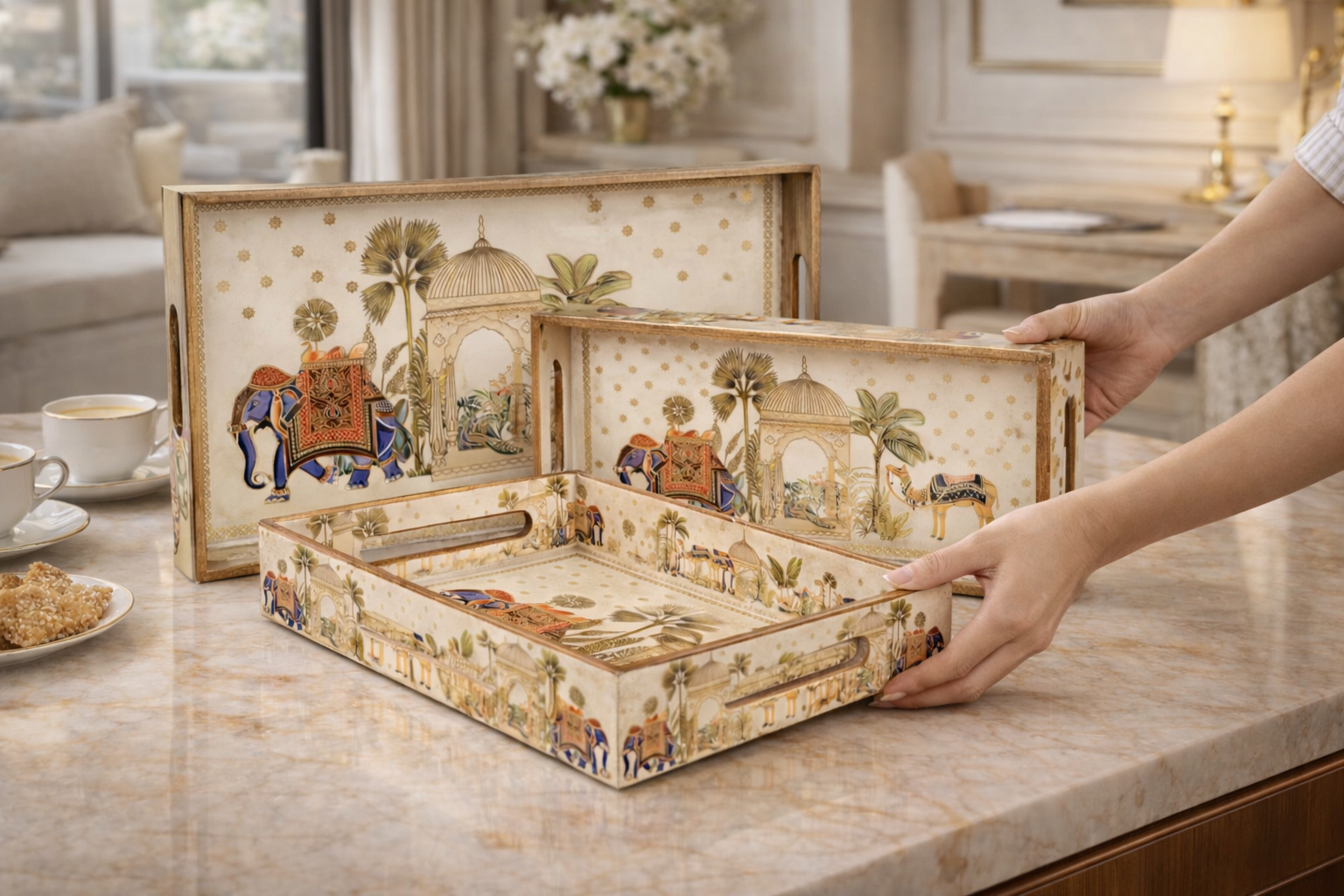 Set of 3 Wooden Elephant Serving Trays with Gold Engraving