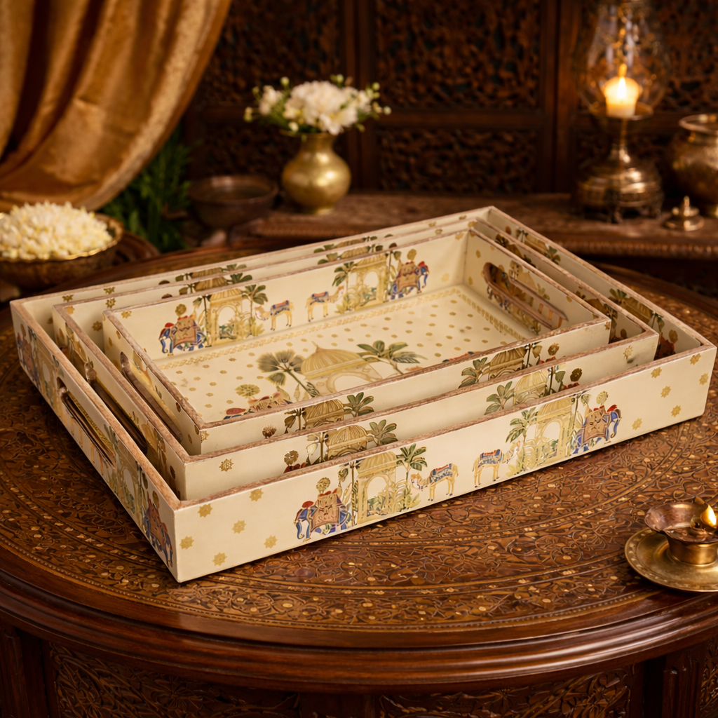 Set of 3 Wooden Elephant Serving Trays with Gold Engraving