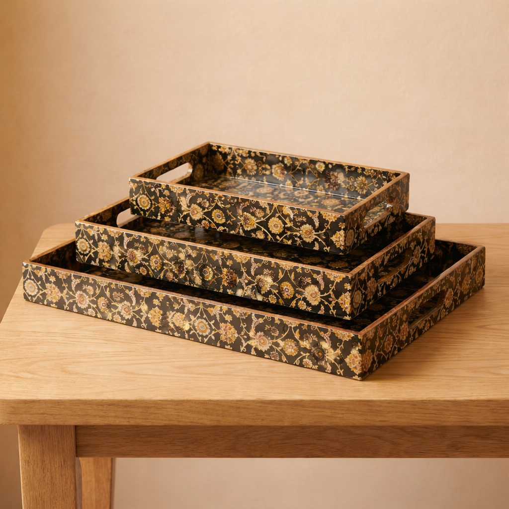 Black Design Set of 3 Rectangular Wooden Serving Trays (16", 14", 12") | Premium Mango Wood Tray Set for Kitchen, Dining, Tea/Coffee, Breakfast & Home Décor | Handcrafted Decorative Wooden Trays for Gift & Serving