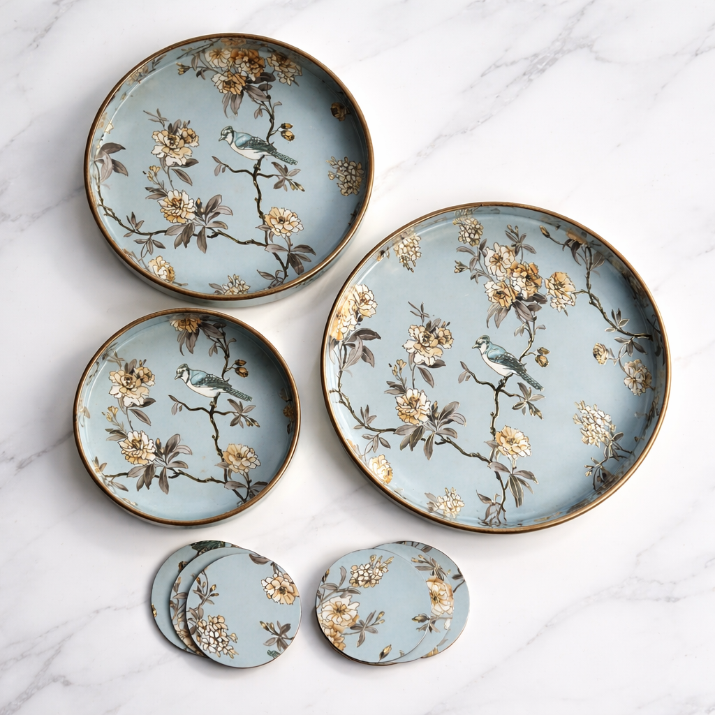 Set of 3 Wooden Serving Trays with Matching Coasters Round Multipurpose Trays for Kitchen Dining Table Top Tea Coffee Snacks Home Decor Large 12" Medium 10" Small 8" Inch (Light Green)