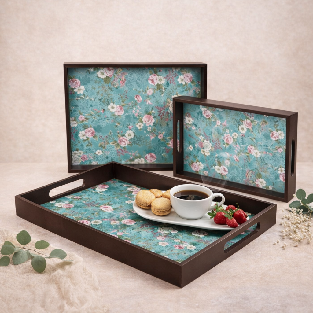Wooden Tray Set of 3 – Large, Medium & Small Sizes|Handcrafted Wooden Tray Set for Gift & Serving