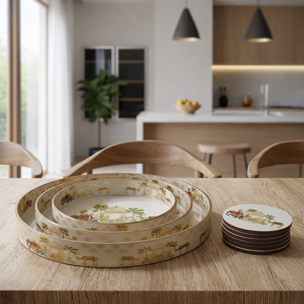 Set of 3 Wooden Serving Trays with Matching Coasters Round Multipurpose Trays for Kitchen Dining Table Top Tea Coffee Snacks Home Decor Large 12" Medium 10" Small 8" Inch