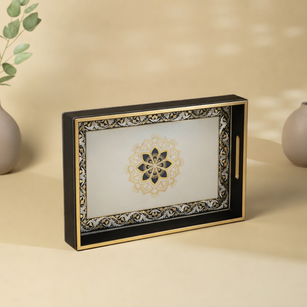 Large Wooden Serving Tray with Leather Finish | Big Size Rectangular Tray for Serving Tea, Coffee & Breakfast | 16 x 14 Inch Premium Snack Tray(White+Black)