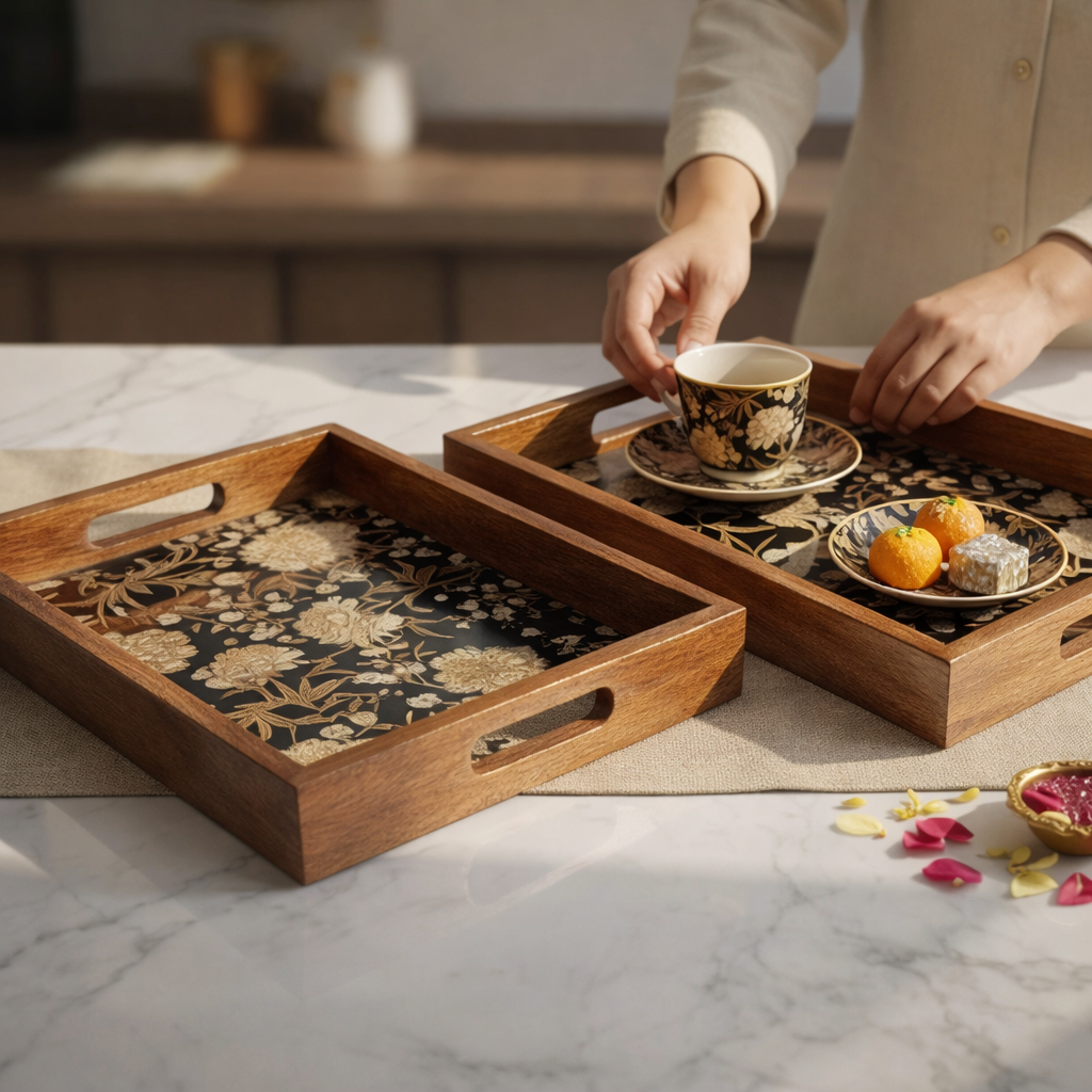 Serving Tray Set 2 | Wooden Tray Set |Wooden Tray Decoration| Enamel Coated Waterproof |Size : 14 x 8 inch & 12 x 6 inch (Set of 2)