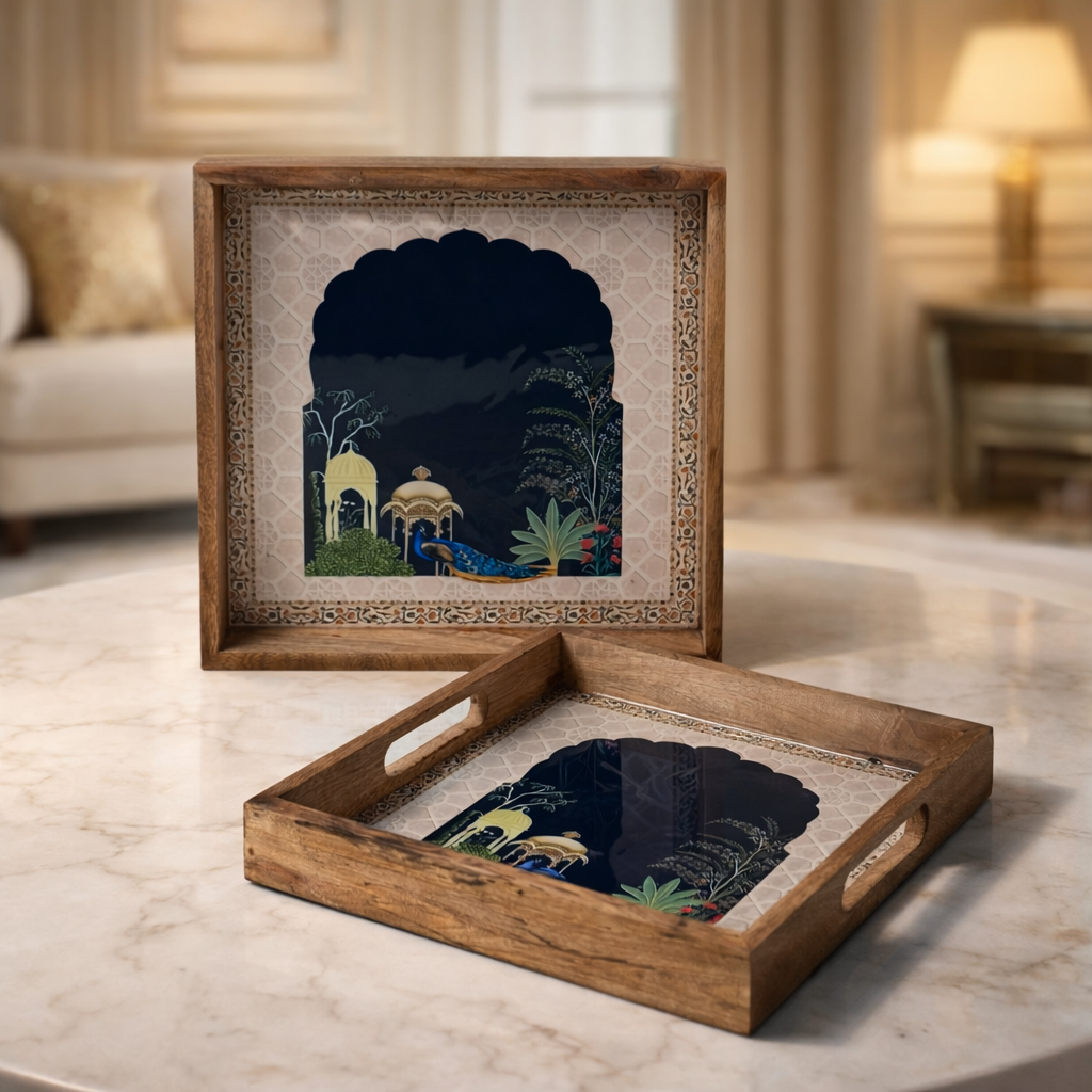 Serving Tray| Set of 2 | Size : 12 x 12 inch & 10 x 10 inch | Square Trays | Wooden Tray for Decoration | Wooden Tray Set for Serving