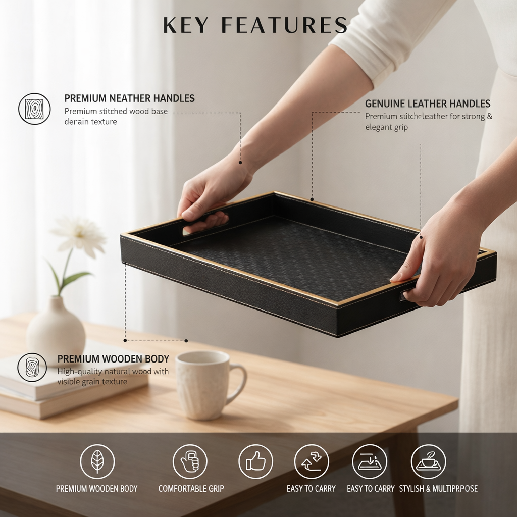 Large Wooden Serving Tray with Leather Finish | Big Size Rectangular Tray for Serving Tea, Coffee & Breakfast | 16 x 14 Inch Premium Snack Tray (BLACK)