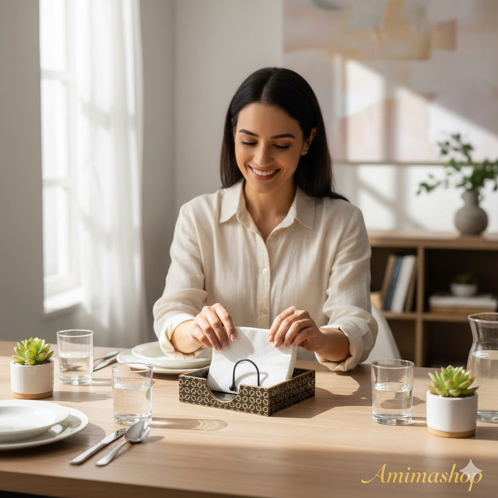 Wooden Napkin Holder for Dining Table | Handcrafted Tissue Holder Stand for Kitchen, Office & Home Décor | Wooden Tissue Paper Holder | Black Design (8 x 8 x 2.5 Inches)