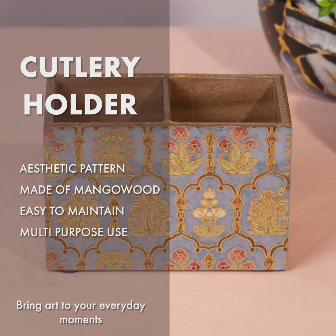 Wooden Cutlery Holder with 2 Sections – GREEN Flower Design Spoon Stand for Kitchen & Dining Table Organizer | Multipurpose Wooden Utensil Holder, Chammach Stand & Table Decor (10x16x12 cm) (Copy)