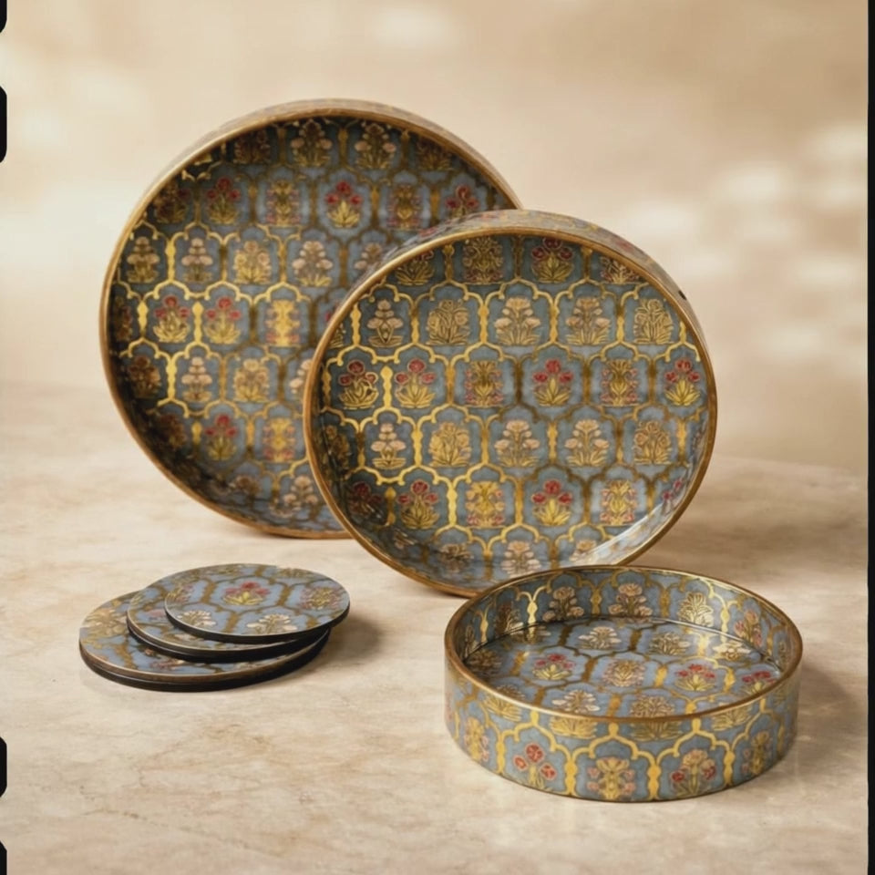 Set of 3 Round Wooden Serving Trays with Matching Coasters | Multipurpose Tea Coffee Snacks Serving Trays for Kitchen Dining Table Home Decor | Large 12 Medium 10 Small 8 Inch Green