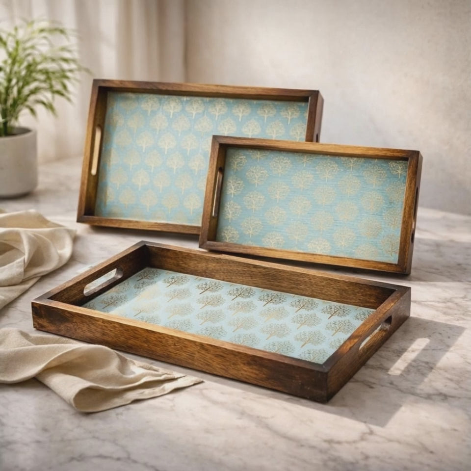 Wooden Serving Tray with Gold Engraving | Rectangle Trays Set of 3 | Serving Trays | Wooden Tray | Enamel Coated Waterproof |Size : 16 x 10 inch, 14 x 8 inch & 12 x 6 inch