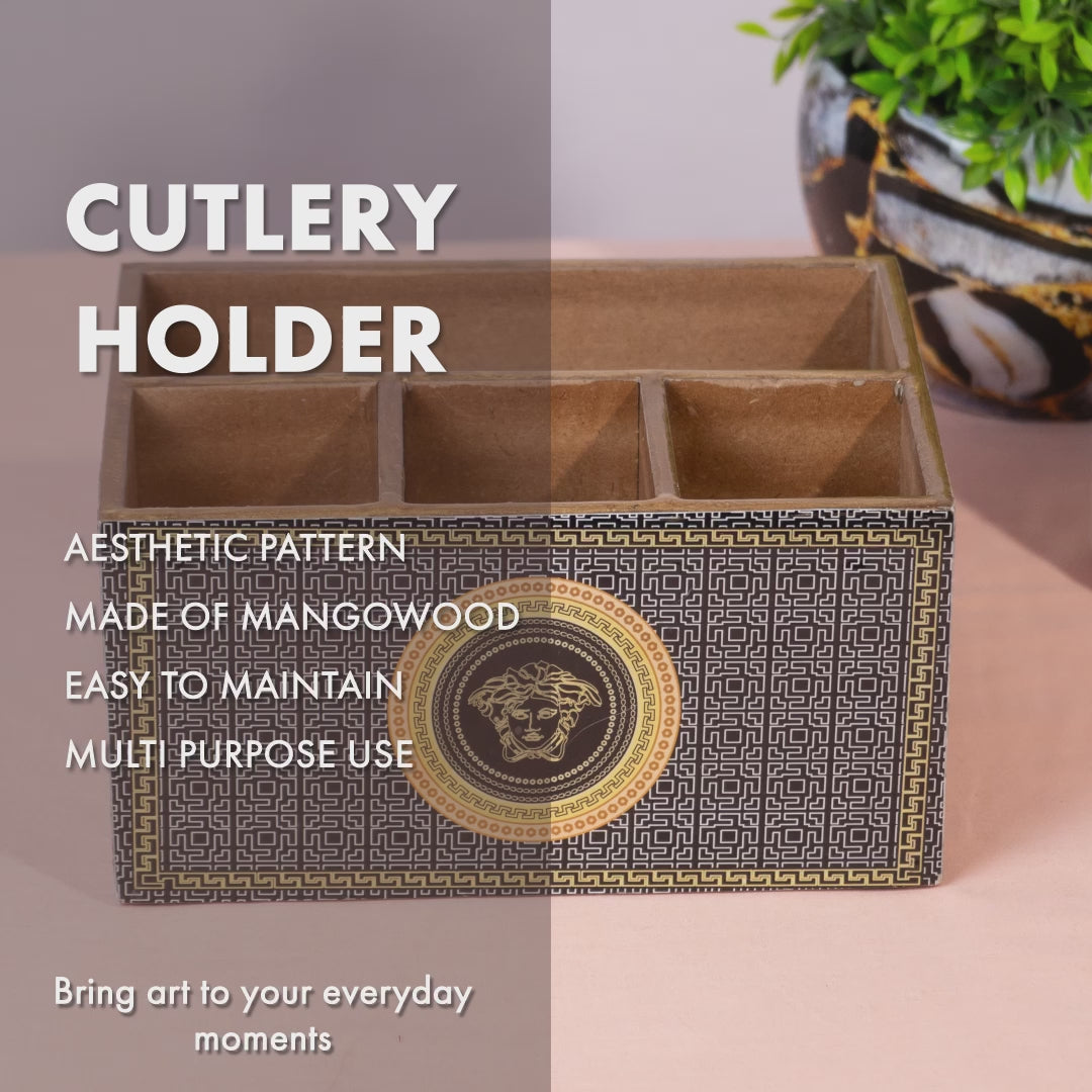 Wooden Cutlery Holder for Kitchen | Spoon Stand & Spoon Holder for Dining Table|4 Compartment Black Floral Design (L9.3 x W4.5 x H6.5 Inches) (Copy)