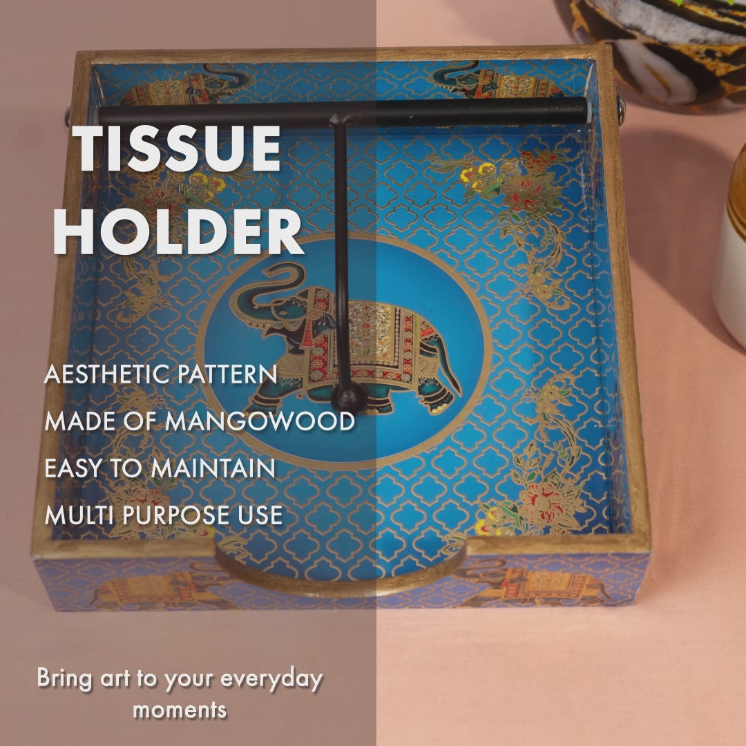 Wooden Napkin Holder for Dining Table | Handcrafted Tissue Holder Stand for Kitchen, Office & Home Décor | Wooden Tissue Paper Holder | Blue Gold Foil Design (8 x 8 x 2.5 Inches)