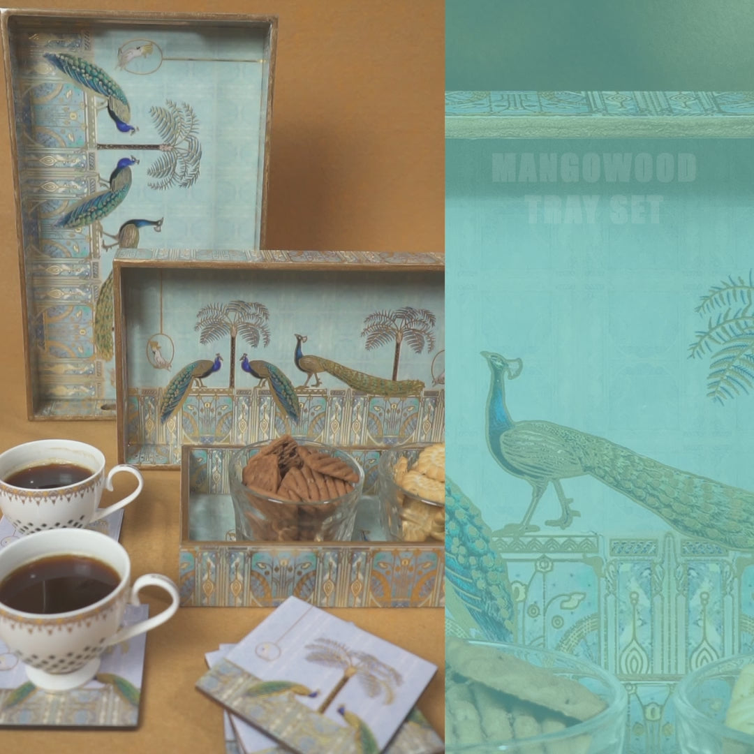 Premium Wooden Tray Set of 3 with 6 Coasters | Large, Medium & Small Sizes for Serving, Dining & Decor