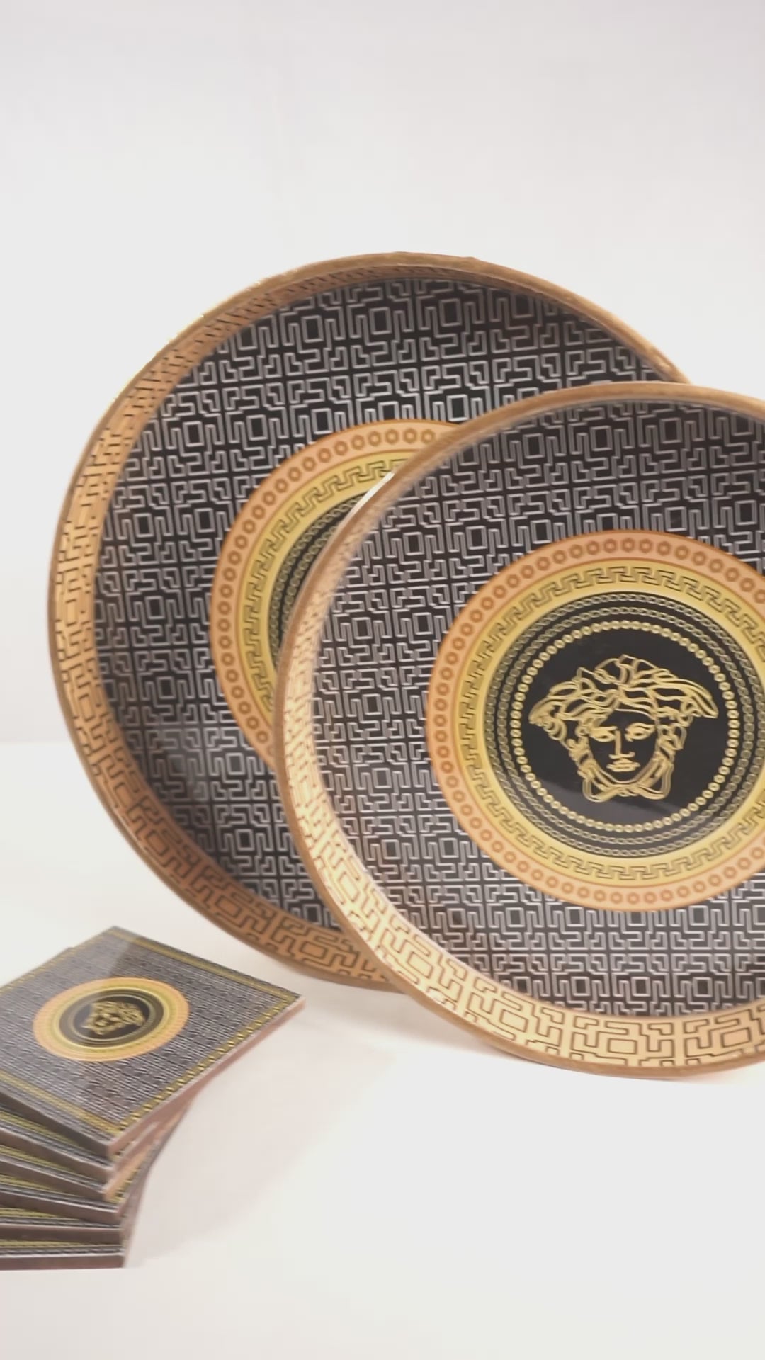 Orange Black Set of 2 Wooden Serving Trays with Coasters 12"& 14"