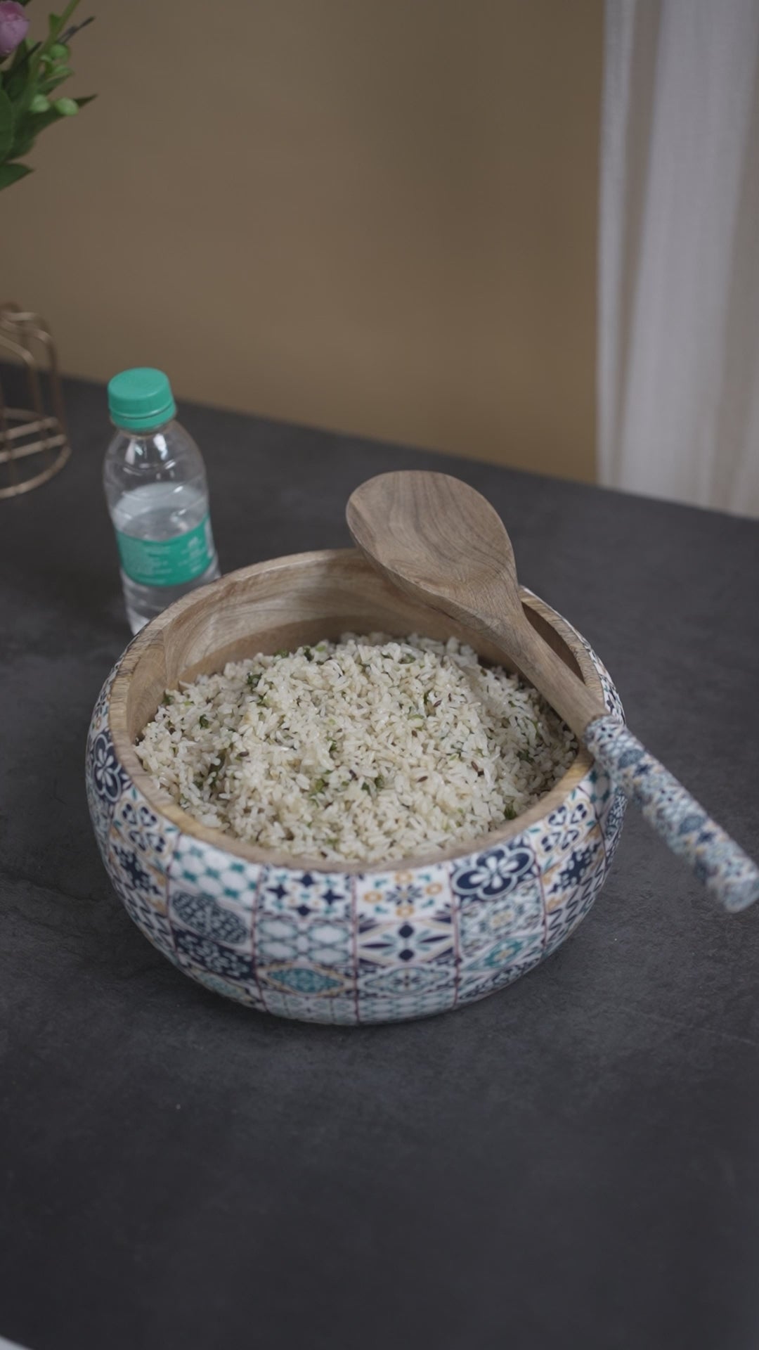 Mango Wooden Bowl with Spoon | Blue Floral Print Wooden Serving Bowl for Kitchen & Dining | Handcrafted Wooden Bowl for Salad, Snacks, Soup & Serving – 9x9x4 inch (with 8.5 inch Spoon)