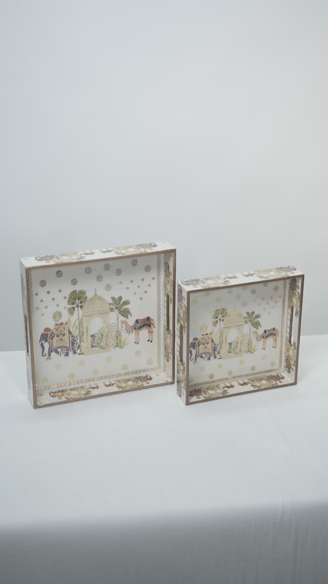 Set of 2 Wooden Serving Trays with Gold Engraving