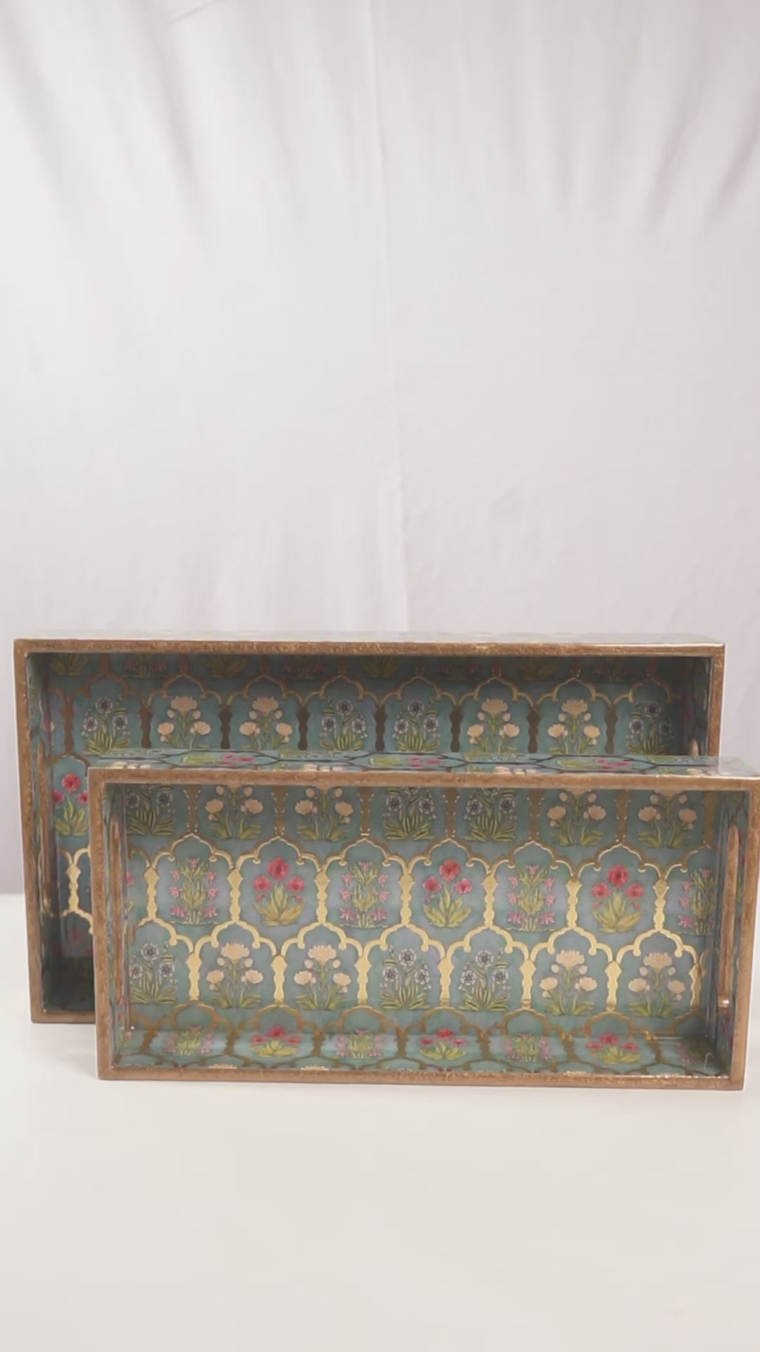 Green Flower Set of 2 Wooden Serving Trays (12" & 14") | Premium Rectangular Mango Wood Trays for Kitchen, Dining, Tea/Coffee & Breakfast | Handcrafted Decorative Wooden Tray Set for Home & Gifts