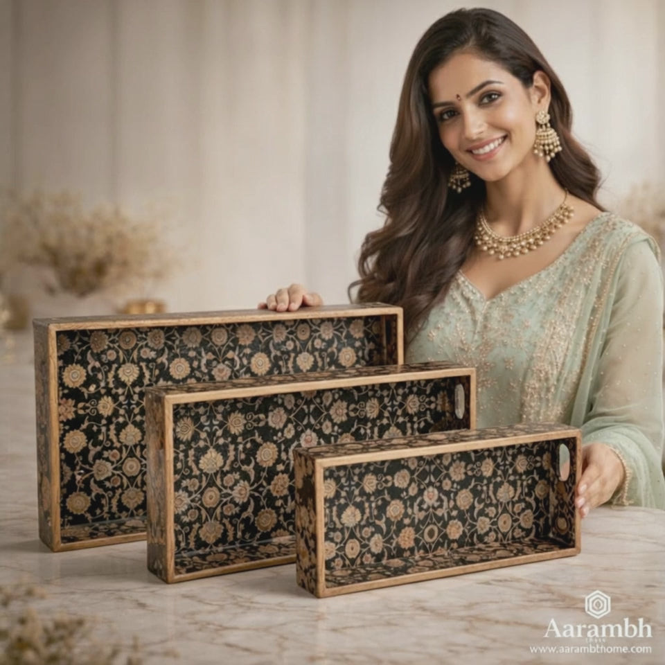 Black Design Set of 3 Rectangular Wooden Serving Trays (16", 14", 12") | Premium Mango Wood Tray Set for Kitchen, Dining, Tea/Coffee, Breakfast & Home Décor | Handcrafted Decorative Wooden Trays for Gift & Serving