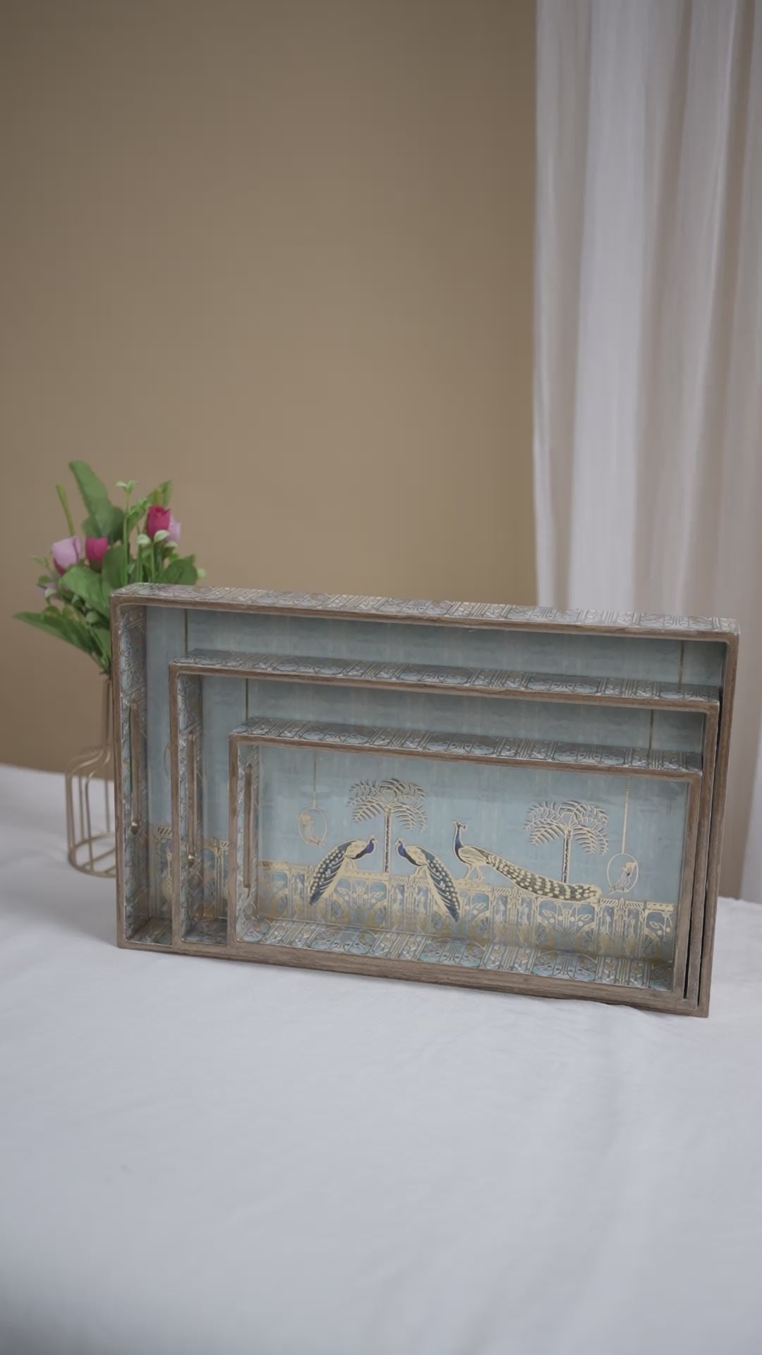 Amimashop® Peacock Set of 3 Rectangular Wooden Serving Trays 16", 14", 12"