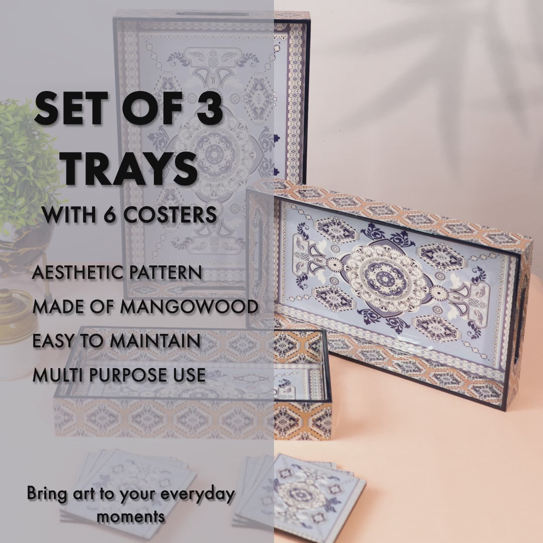 Premium Wooden Tray Set of 3 with 6 Coasters | Large, Medium & Small Sizes for Serving, Dining & Decor