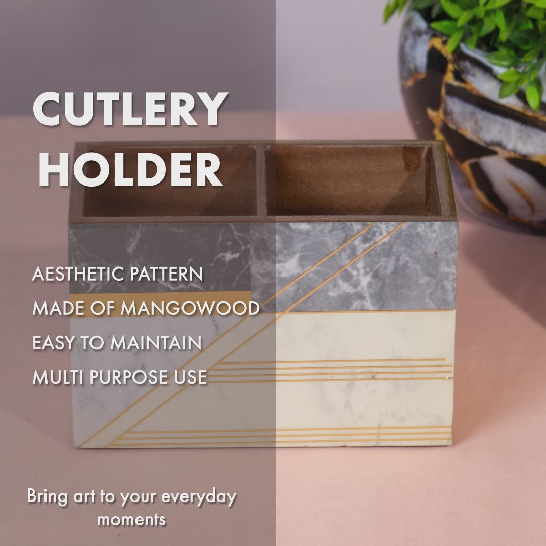 Wooden Cutlery Holder with 2 Sections – White Mabel Design Spoon Stand for Kitchen & Dining Table Organizer | Multipurpose Wooden Utensil Holder, Chammach Stand & Table Decor (10x16x12 cm) (Copy) (Copy)