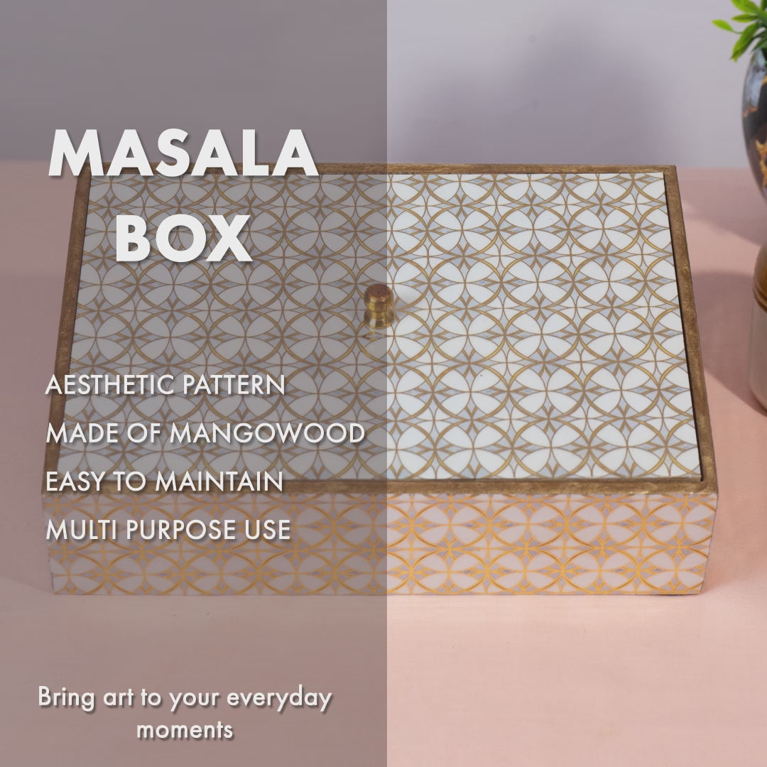 Wooden Handcrafted Spice Box with 6 Containers | Wooden Masala Box for Kitchen Storage | Multipurpose Dry Fruit Box & Condiment Organizer | White Gold Design (10 x 8.5 x 3 Inches)