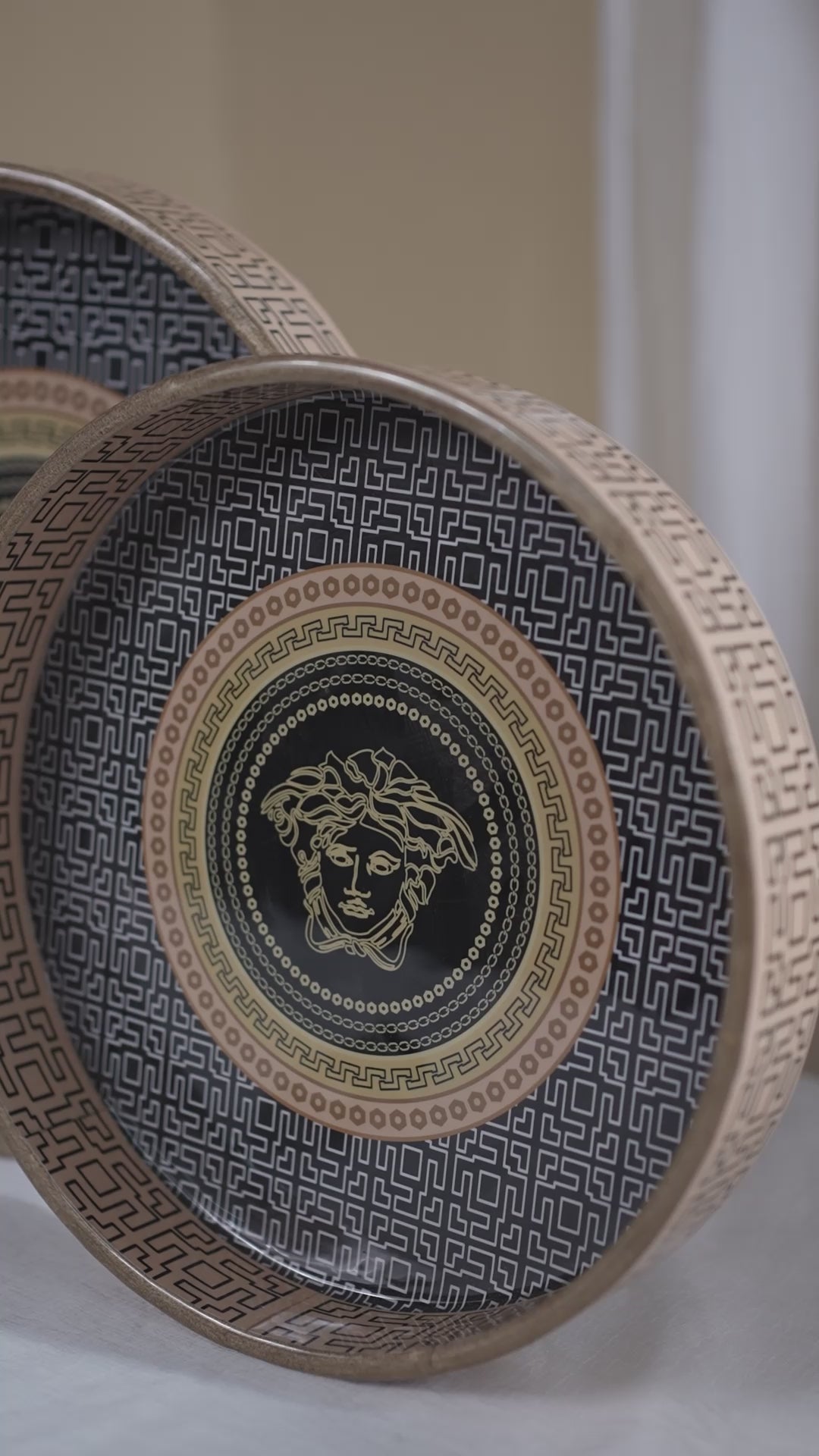 Orange Black Set of 2 Wooden Serving Trays with Coasters 12"& 14"