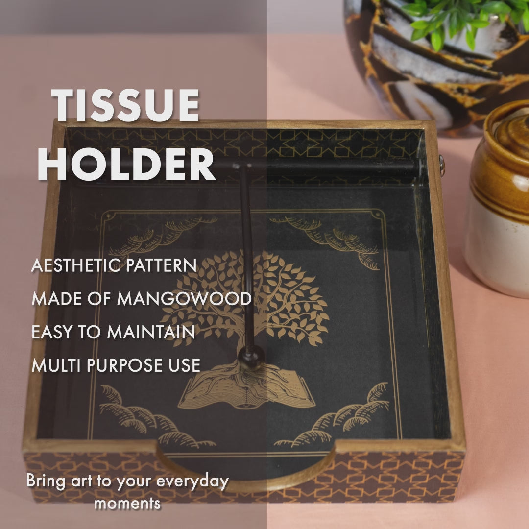 Wooden Napkin Holder for Dining Table | Handcrafted Tissue Holder Stand for Kitchen, Office & Home Décor | Wooden Tissue Paper Holder | Black Design (8 x 8 x 2.5 Inches)