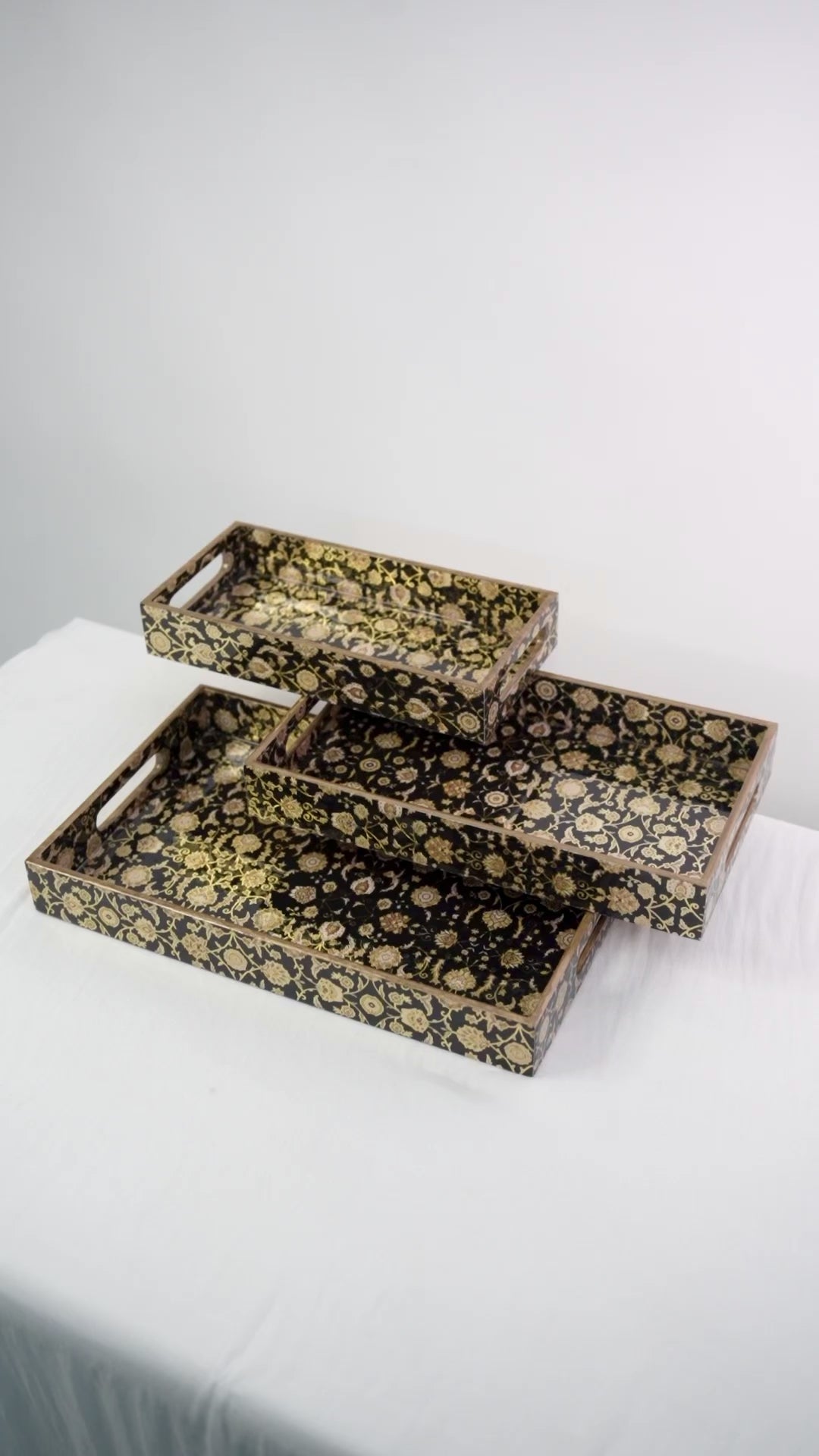 Set of 3 Wooden Serving Trays with Gold Engraving