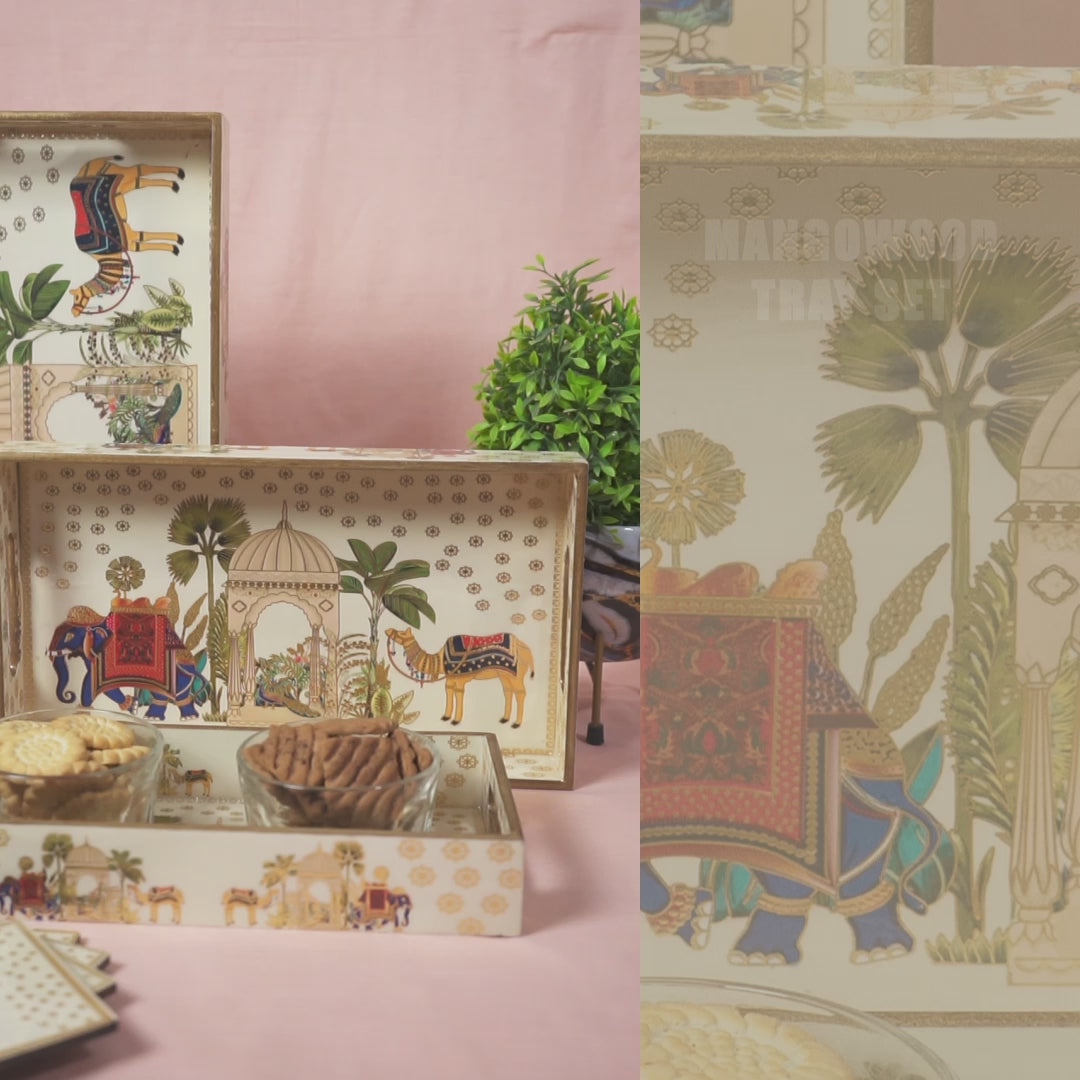 Premium Wooden Tray Set of 3 with 6 Coasters | Large, Medium & Small Sizes for Serving, Dining & Decor