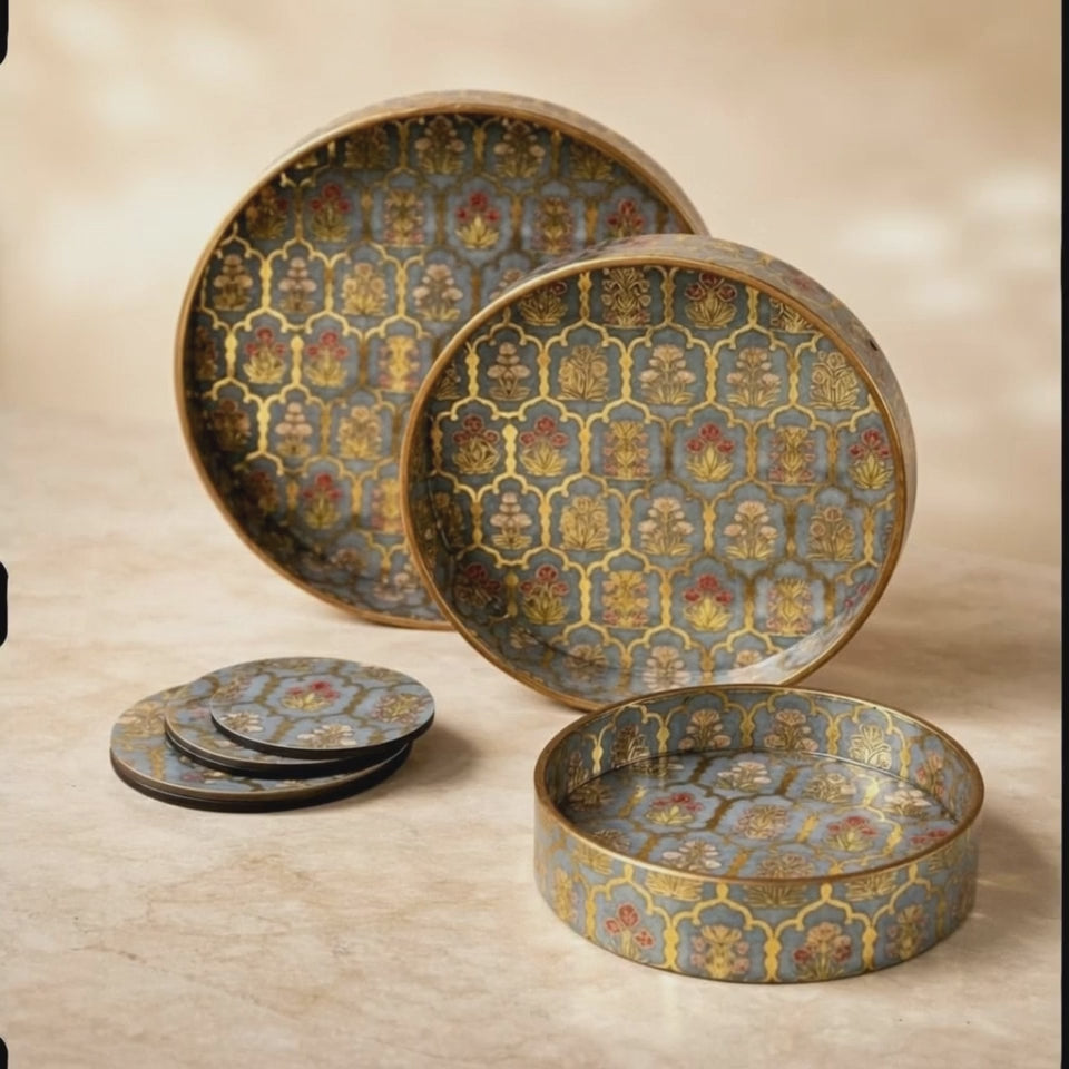 Set of 3 Round Wooden Serving Trays with Matching Coasters | Multipurpose Tea Coffee Snacks Serving Trays for Kitchen Dining Table Home Decor | Large 12 Medium 10 Small 8 Inch Green