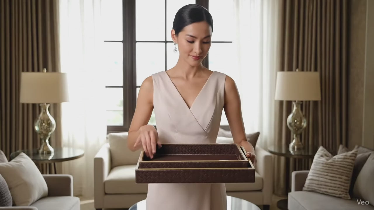 Wooden Tray Set of 2 | Rectangular Mango Wood Serving Trays | 18x12 & 16x10 Inch | Lather Finish | Decorative Kitchen, Dining & Coffee Table Tray -BROWN