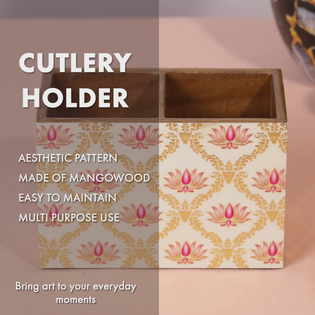 Wooden Cutlery Holder with 2 Sections – White Flower Design Spoon Stand for Kitchen & Dining Table Organizer | Multipurpose Wooden Utensil Holder, Chammach Stand & Table Decor (10x16x12 cm)