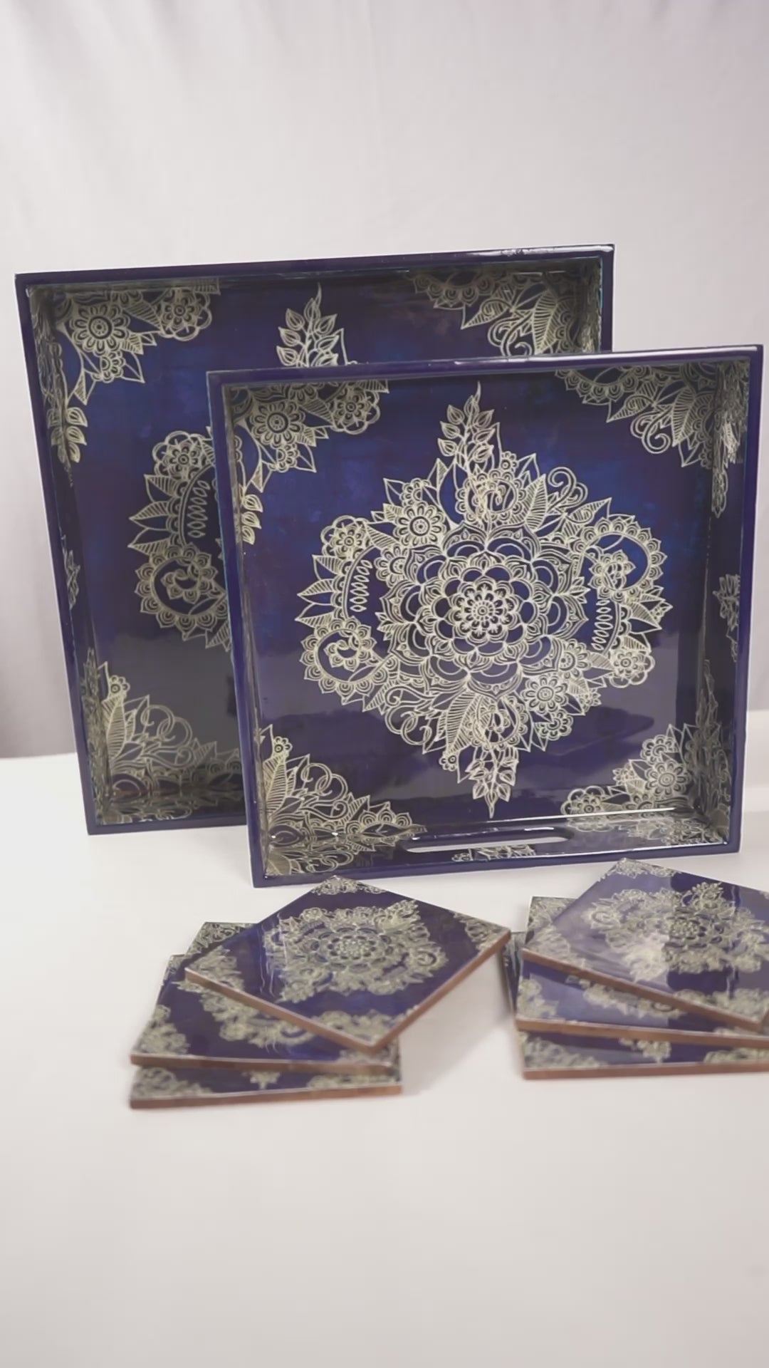 Magenta Set of 2 Wooden Serving Trays with Coasters 12"& 14"