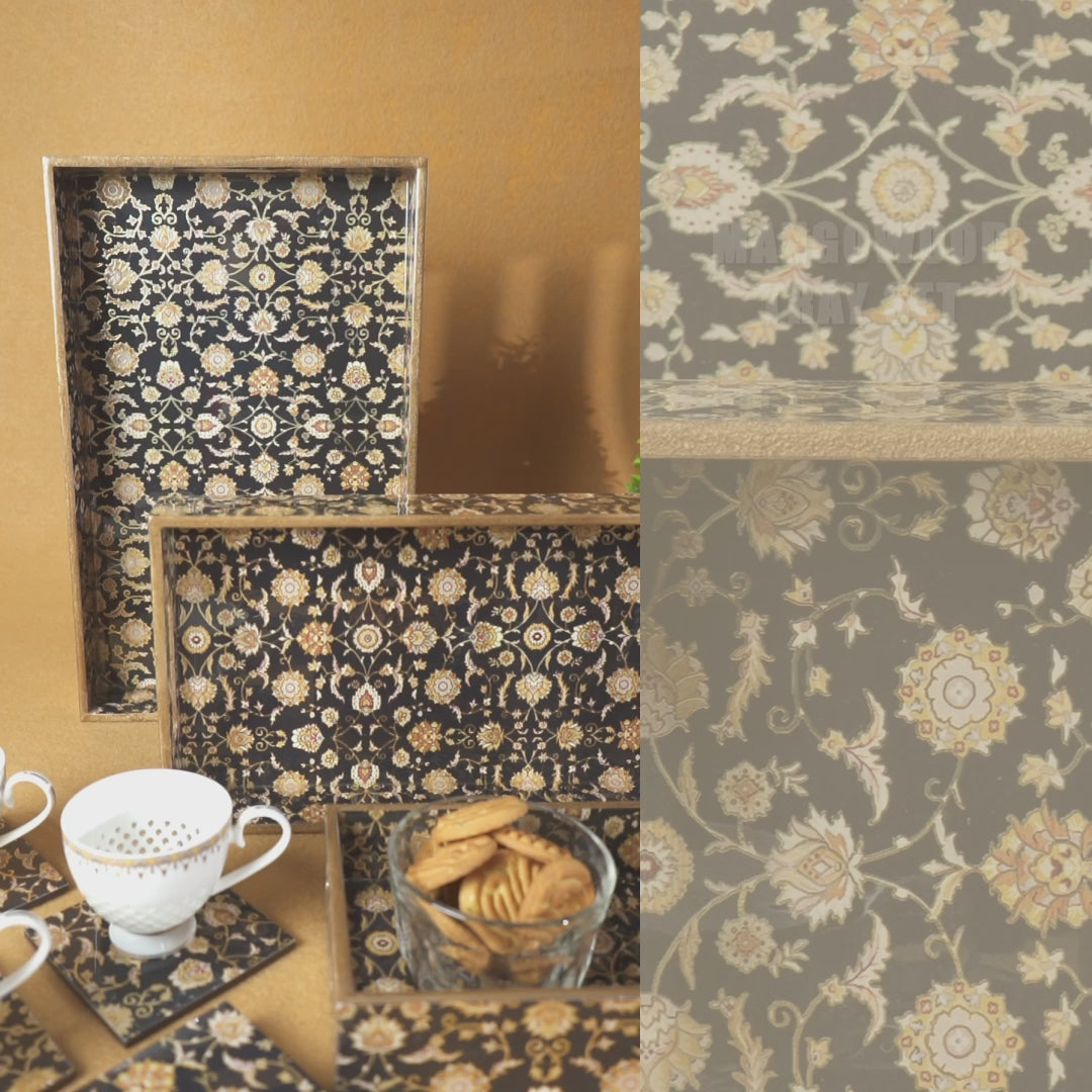 Premium Wooden Tray Set of 3 with 6 Coasters | Large, Medium & Small Sizes for Serving, Dining & Decor