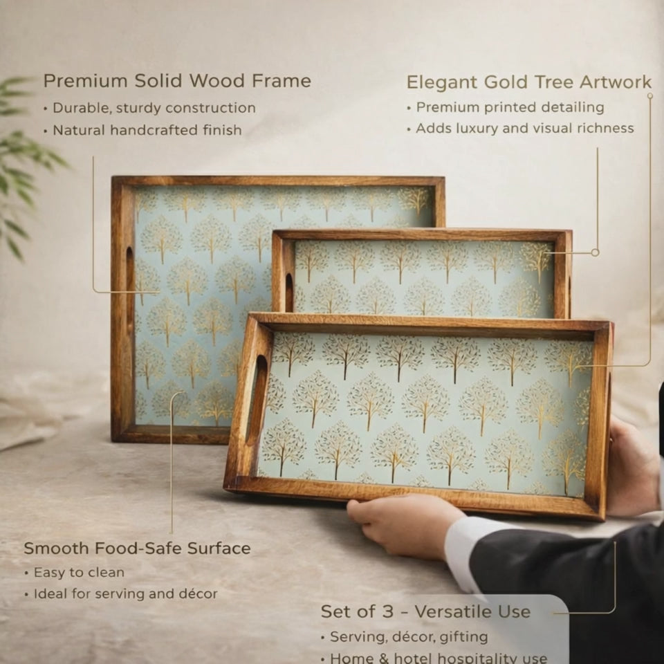 Wooden Serving Tray with Gold Engraving | Rectangle Trays Set of 3 | Serving Trays | Wooden Tray | Enamel Coated Waterproof |Size : 16 x 10 inch, 14 x 8 inch & 12 x 6 inch