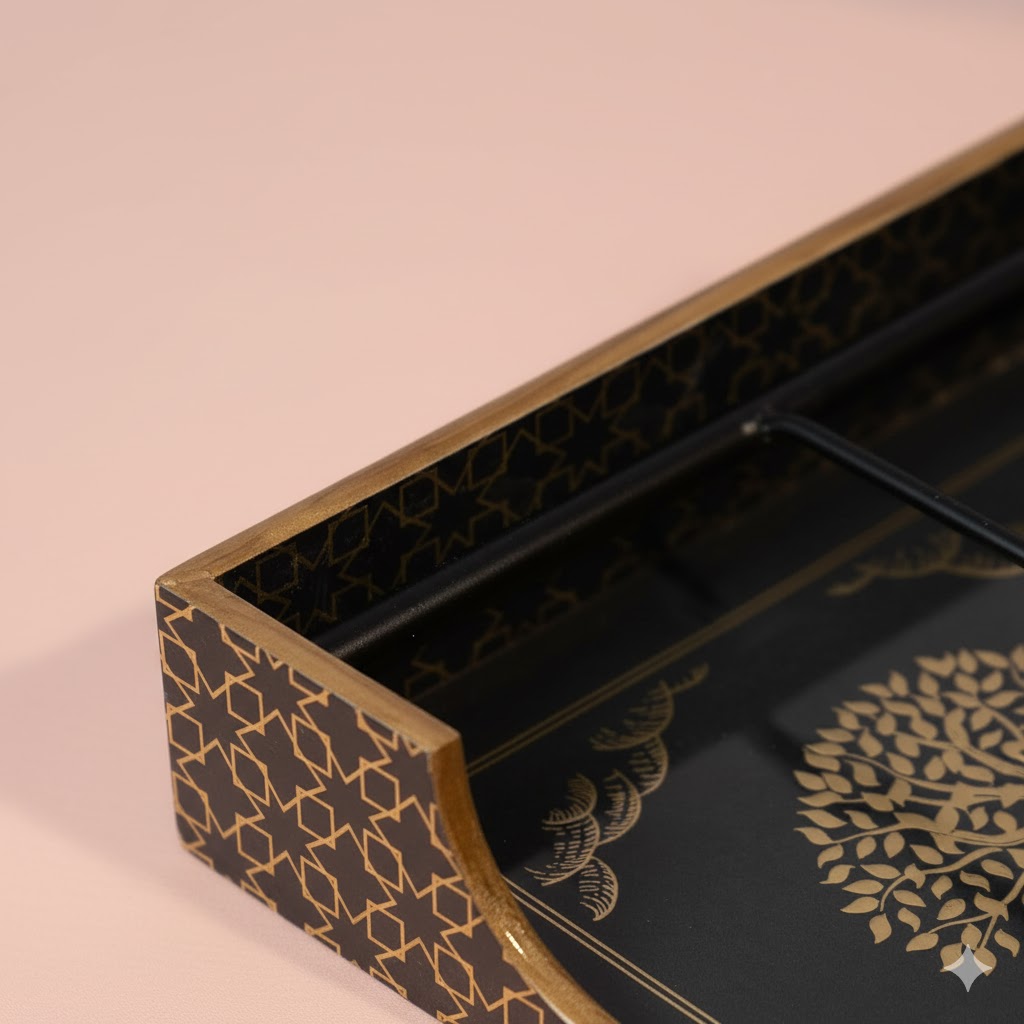 Wooden Napkin Holder for Dining Table | Handcrafted Tissue Holder Stand for Kitchen, Office & Home Décor | Wooden Tissue Paper Holder | Black Design (8 x 8 x 2.5 Inches)