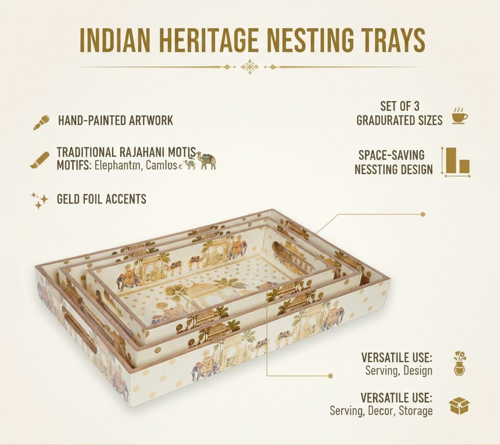 Set of 3 Wooden Elephant Serving Trays with Gold Engraving