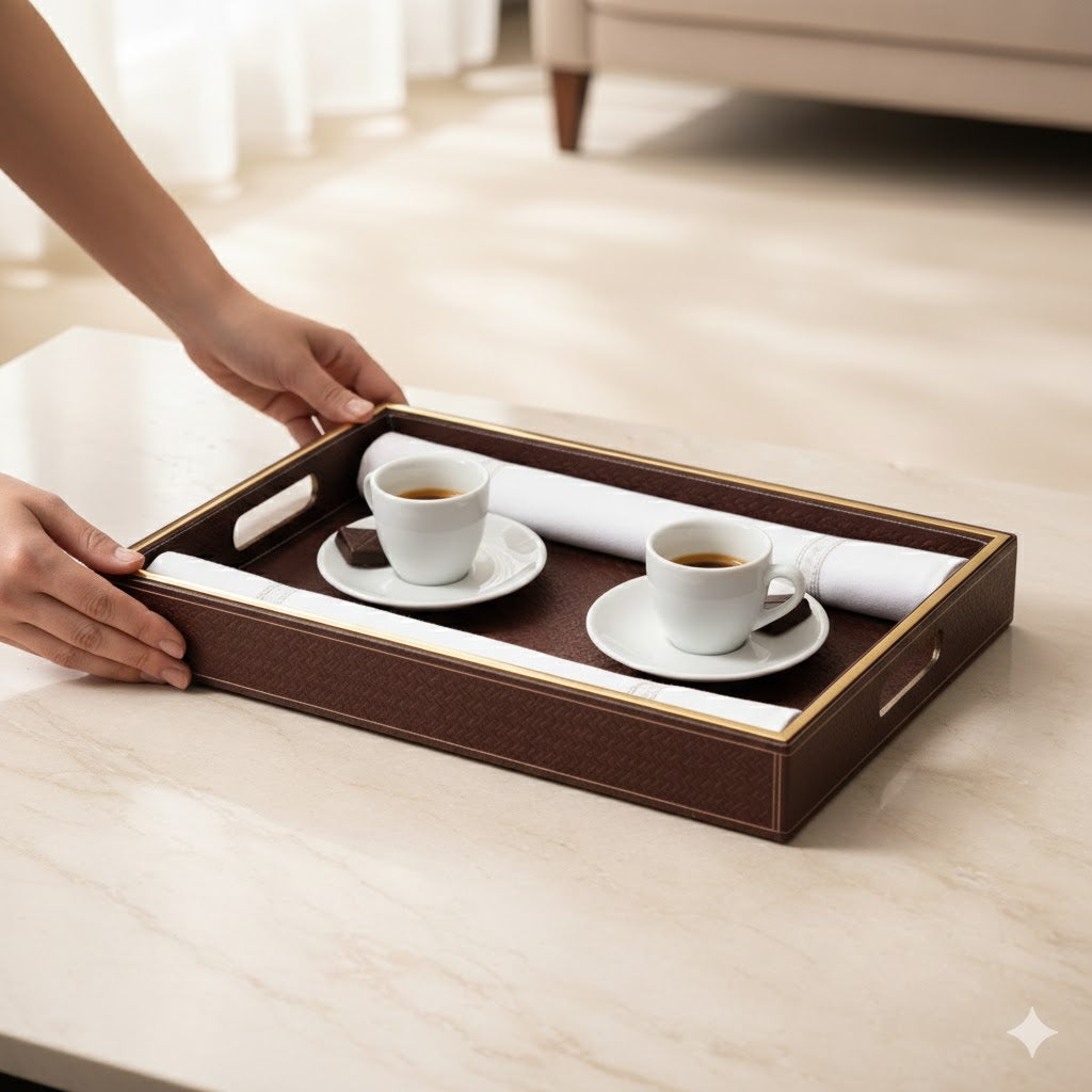Large Wooden Serving Tray with Leather Finish | Big Size Rectangular Tray for Serving Tea, Coffee & Breakfast | 16 x 14 Inch Premium Snack Tray (BROWN)