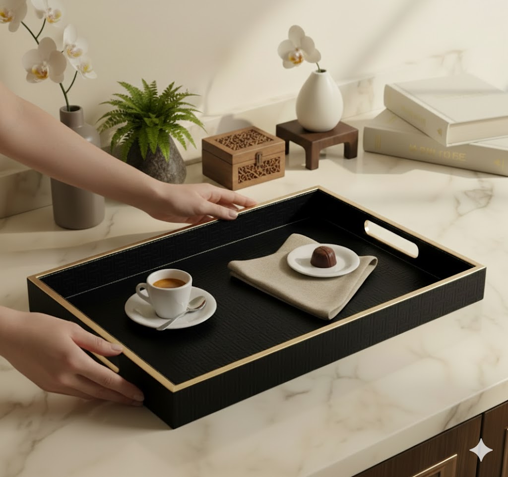 Large Wooden Serving Tray with Leather Finish | Big Size Rectangular Tray for Serving Tea, Coffee & Breakfast | 16 x 14 Inch Premium Snack Tray (BLACK)